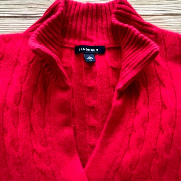 Lands’ End 100% Cashmere Cable Knit Collared V-Neck Sweater XL Red - Picture 2 of 5